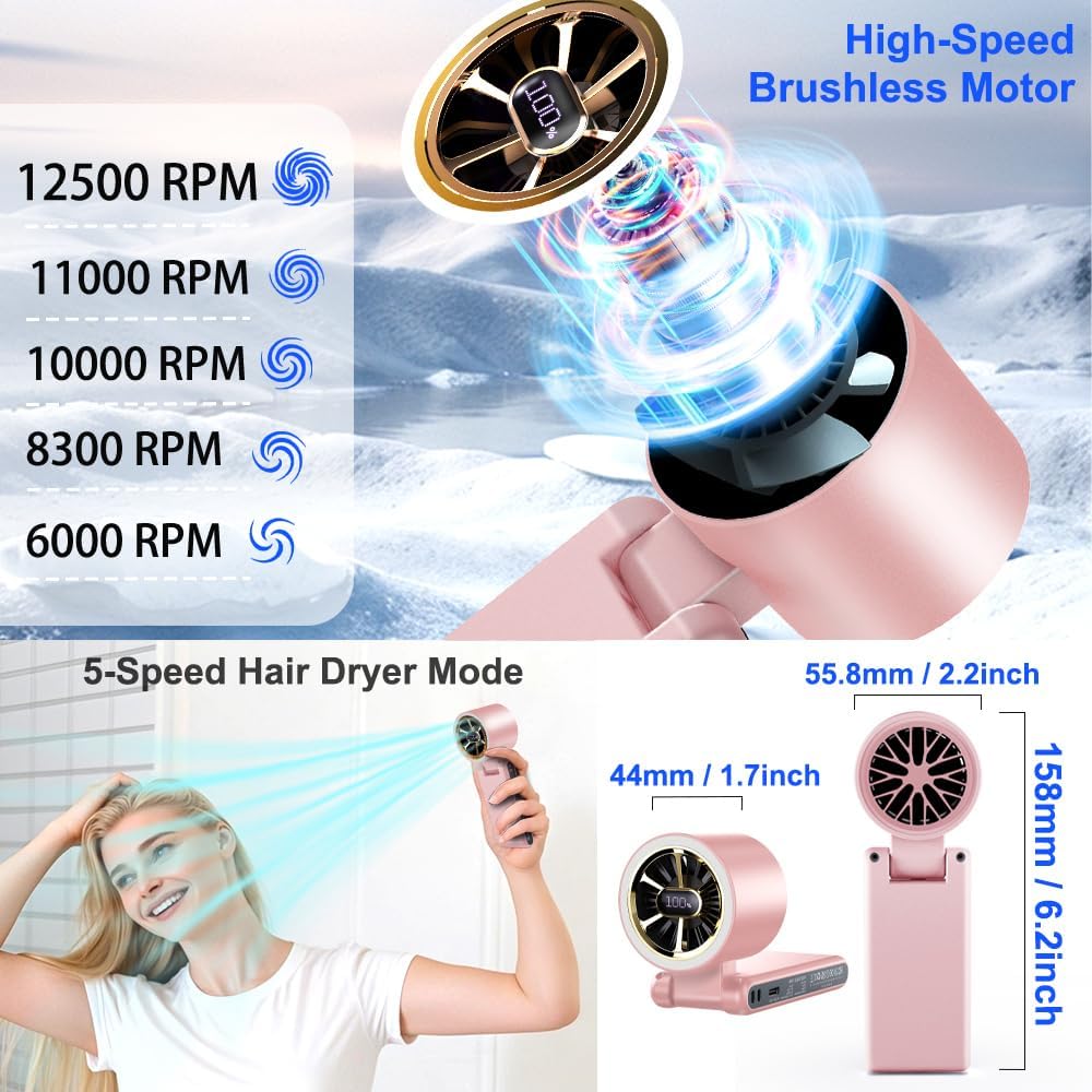 CAZOKASI Rechargeable Strong Wind Handheld Fan With Ambient Lighting 4 IN1 5000mAh Upto 22H For Desktop Waist Clip Neck (StrongWind/Pink)