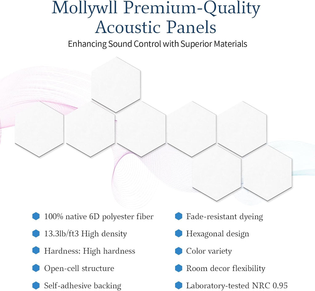 Mollywell Hexagon Acoustic Panels, High Density, Soundproofing, Decorative Noise Reduction Felt Wall Tiles for Ceilings, Home Office & Gaming Room (White), 12x10x0.4 Inch