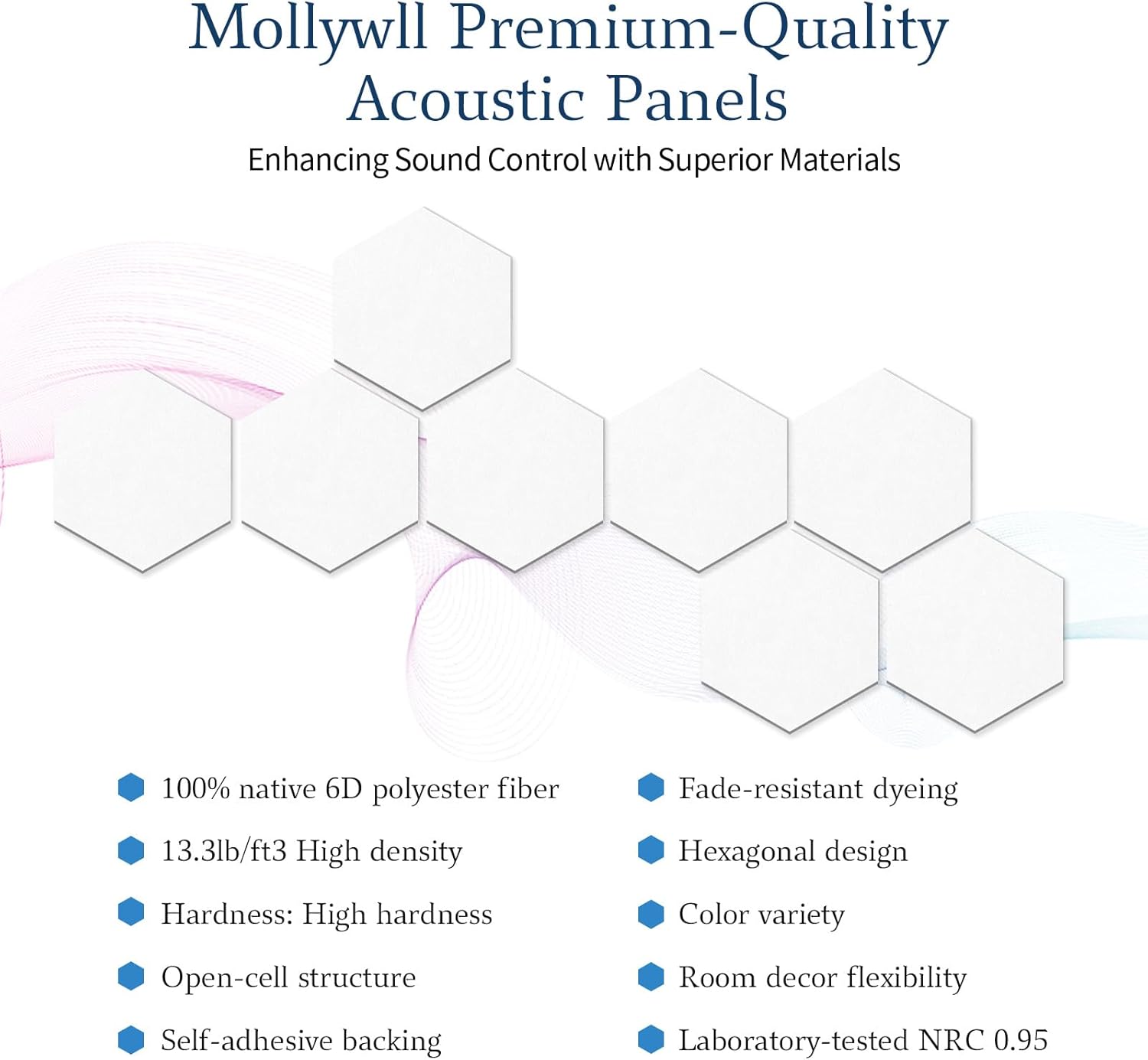 Mollywell Hexagon Acoustic Panels, High Density, Soundproofing, Decorative Noise Reduction Felt Wall Tiles for Ceilings, Home Office & Gaming Room (White), 12x10x0.4 Inch