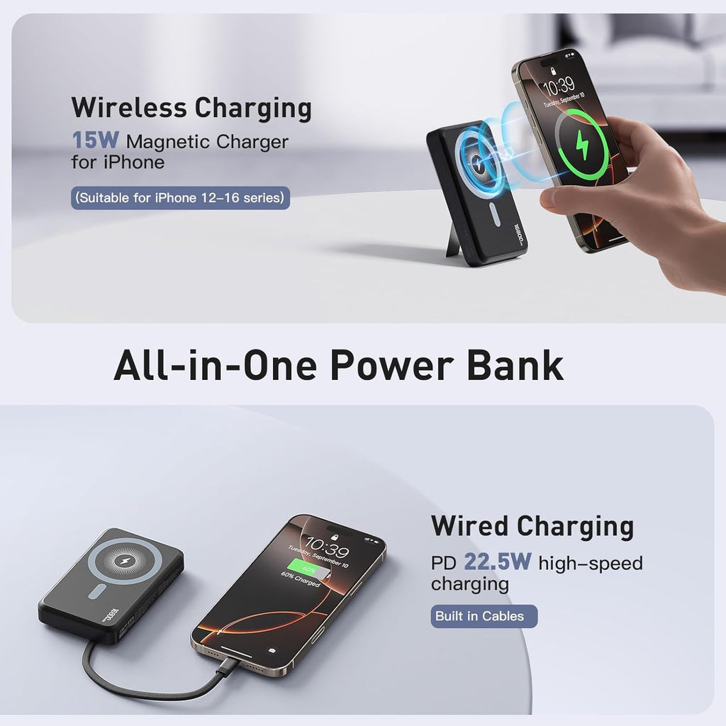 2025 Latest Magnetic Wireless Power Bank, 16800mAh Portable Charger with 2 Built in Cables, LED Display Magnetic Battery Pack Travel Essentials for iPhone 16/15/14/13/12/Pro/Mini/Pro Max Andriod