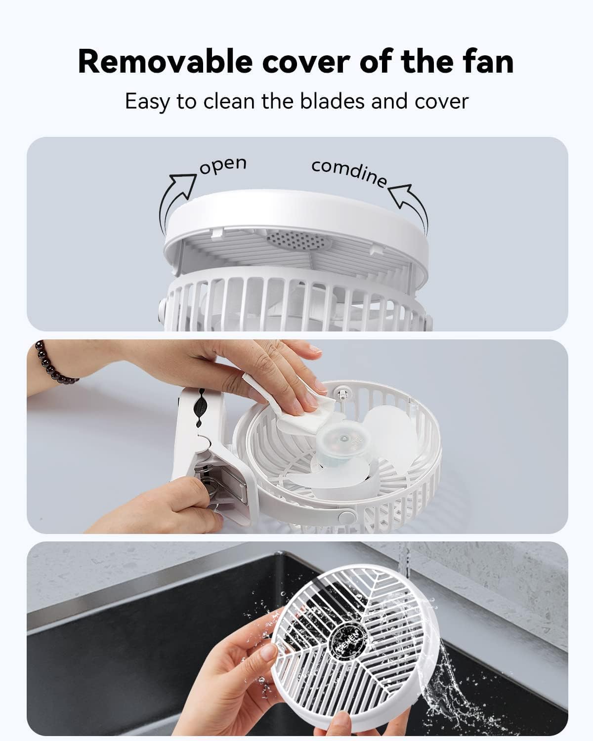 Portable Clip-on Fan 10000mAh Rechargeable Battery Powered – 3-Speed Quiet Desk & Clamp Fan for Stroller, Camping, Office & Bedroom – 360° Rotation-1PACK-White