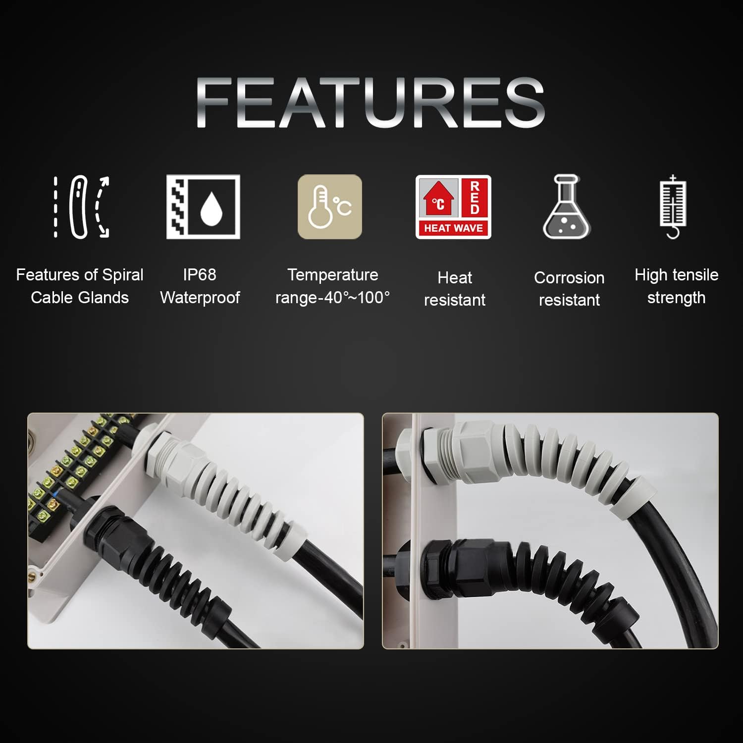 LeMotech 10Pcs NPT 3/4" IP68 Waterproof Cable Gland Flex Spiral Strain Relief Black Nylon Joint with Gaskets for 12.5-18mm Wire Thread