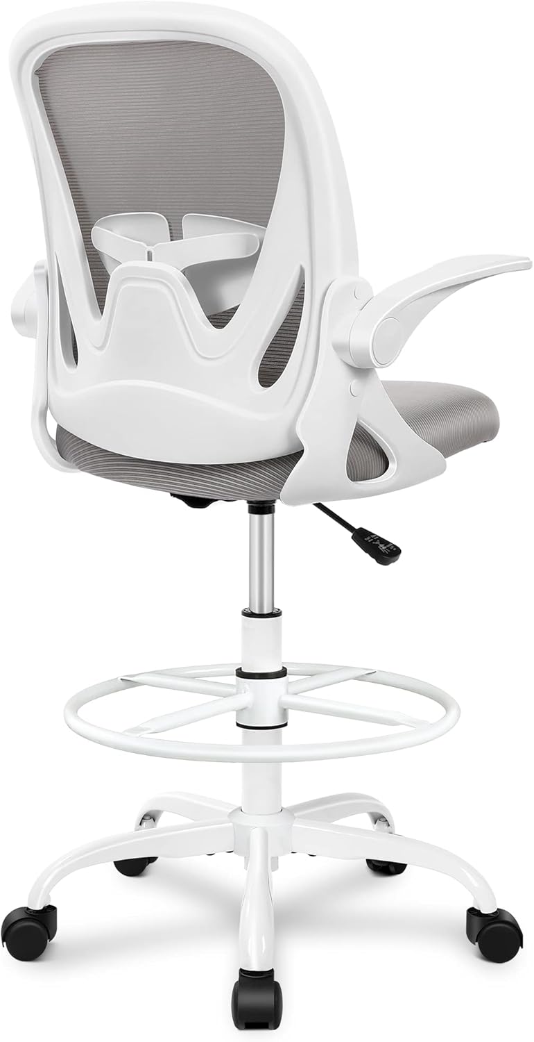 Primy Ergonomic Drafting Chair with Flip-up Armrests Tall Office Chair for Standing Desk Comfortable Desk Chair with Adjustable Footrest Ring and Lumbar Support in Gray Perfect for Home and Office Use