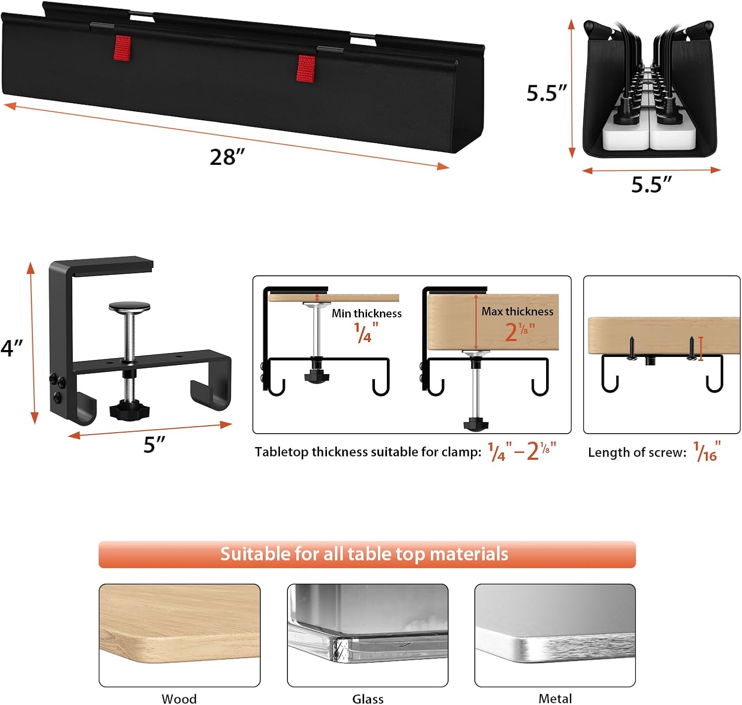 Univivi No Drill Under Desk Cable Management Tray, 28" Cord Organizer for Table, Clamp/Screw Mount Desk Cable Management, Premium Fabric Cable Management Tray for Office, Home