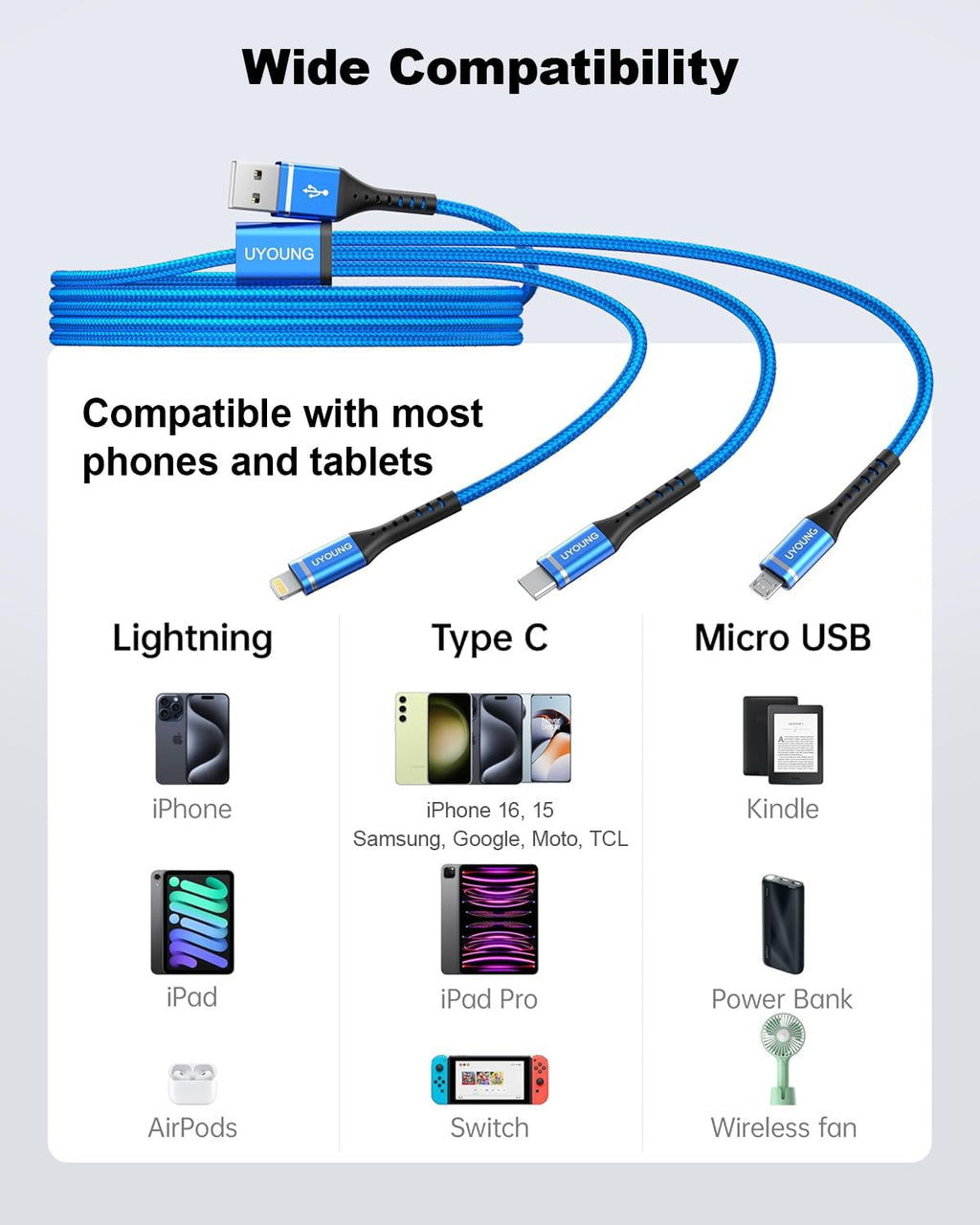 Multi Charging Cable 2Pack 6FT, 3 in 1 Charger Cable Braided Universal Phone Charging Cord with Lightning/Type C/Micro USB Ends, Multiple USB Cable for iPhone/Samsung/Google Cell Phones and More