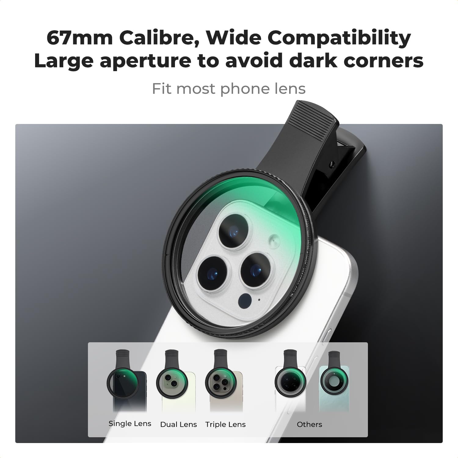 K&F Concept 67mm Clip-on CPL Phone Camera Lens Filter Kit, Circular Polarizer Polarizing Filter Compatible with iPhone 16 15 14 13 12 11