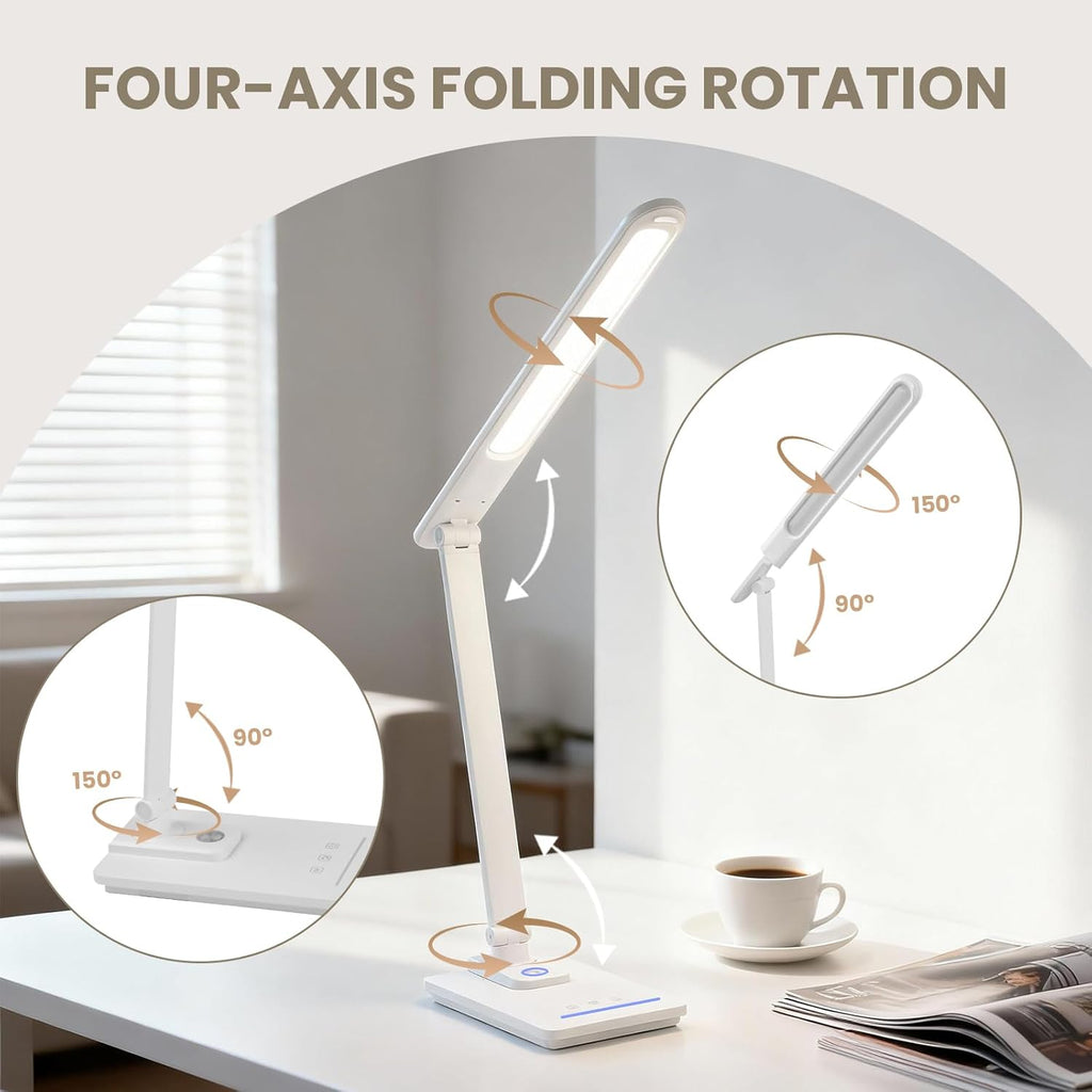 TECHNOVA LED Desk Lamp with 5 Color Temperatures | Sliding Stepless Dimming & One-Touch Timer | Foldable & Portable Design for Office/Study/Nail Art | USB Charging & Four-Axis Rotation for Small Desks