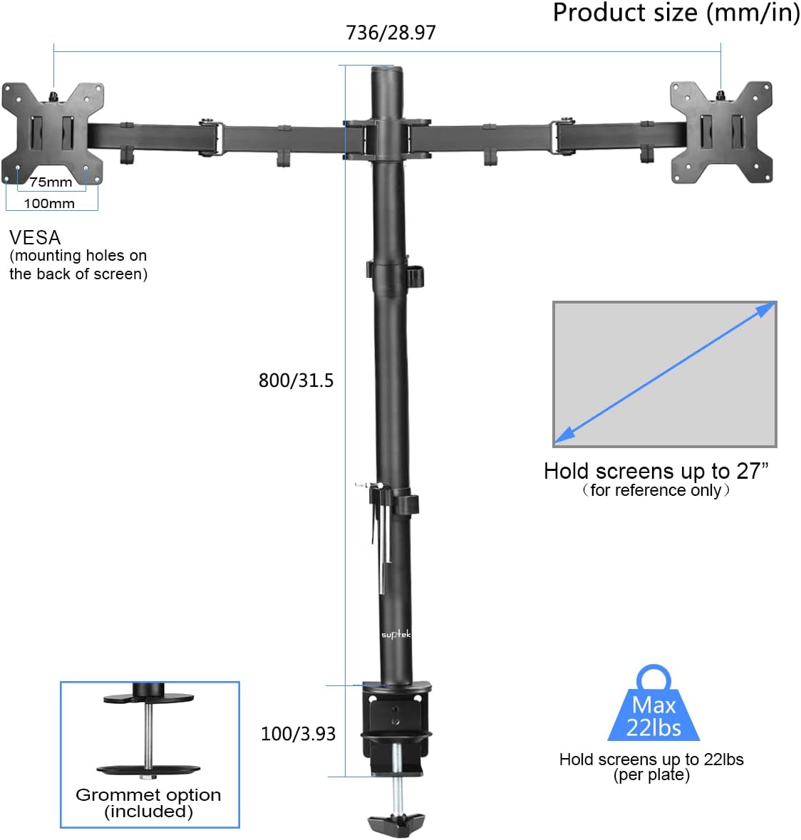 Suptek Dual Monitor Desk Mount, Adjustable Dual Monitor Arm for 2 Computer Screens up to 27 inch, Extra Tall 31.5" Pole Dual Monitor Stand for Desk, Holds up to 22 lbs(MD6842)