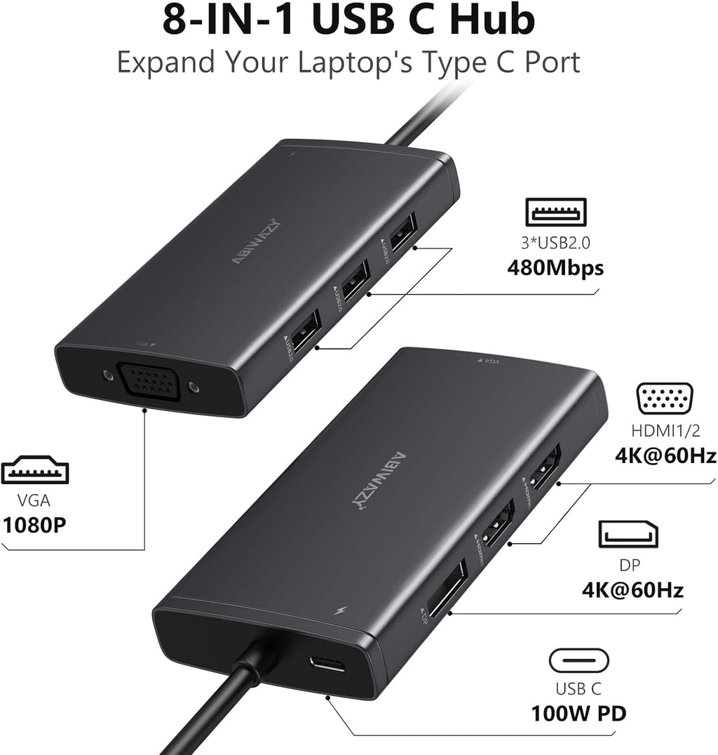 ABIWAZY USB C Docking Station Dual Monitor for HP Dell Lenovo Thinkpad Surface, 8 in 1 Computer Multiple Monitor Hub Adapter to Dual 4K HDMI,DisplayPort,VGA, 00W PD,3 USB for Windows Laptops(Black)