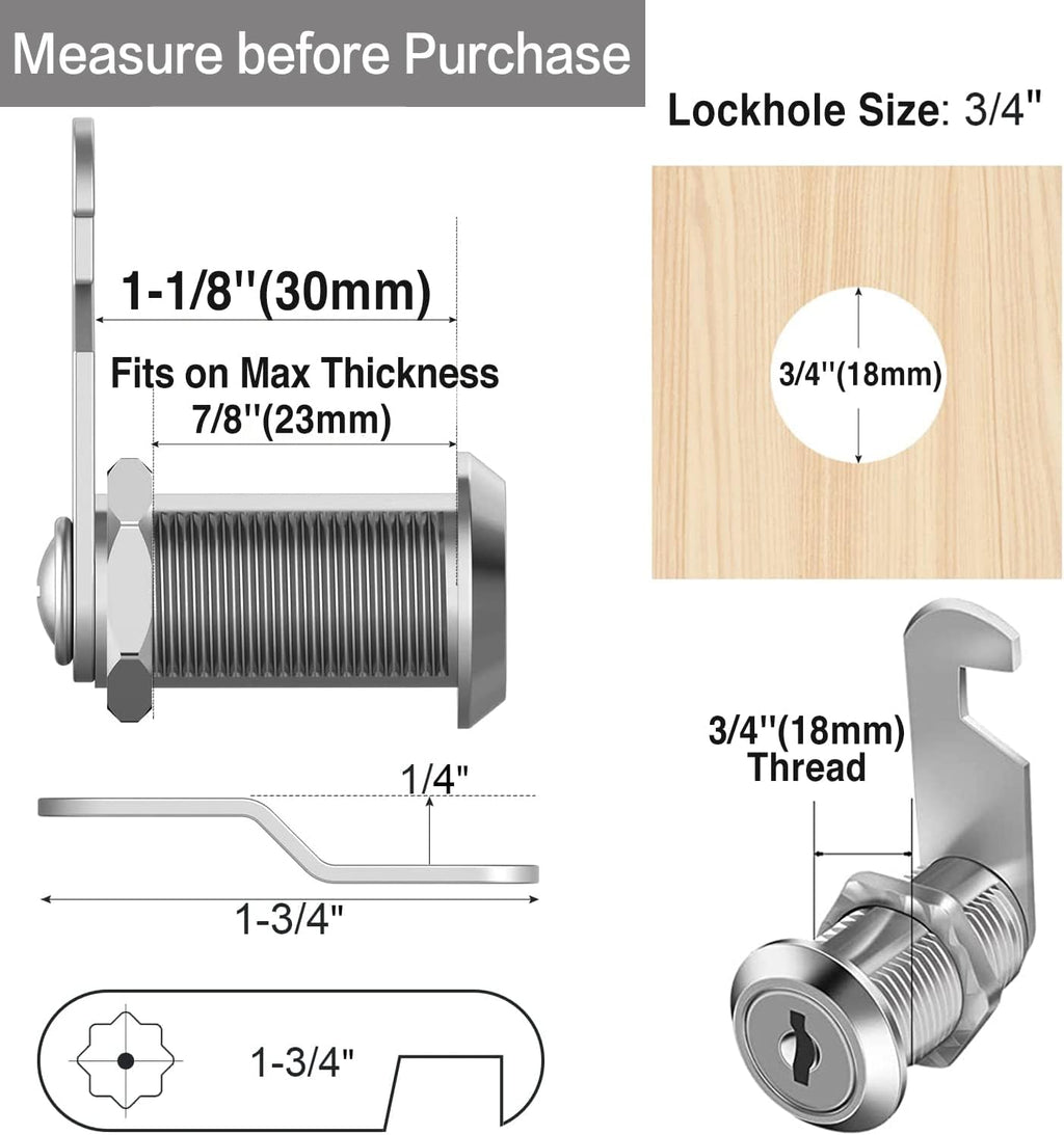 Cabinet Cam Locks Keyed Alike, 1-1/8'' Fits on7/8'' Max Door Thickness, Secure File Drawer Mailbox RV Storage Replacement Set, Zinc Alloy (1-1/8 Inch 6Pcs)