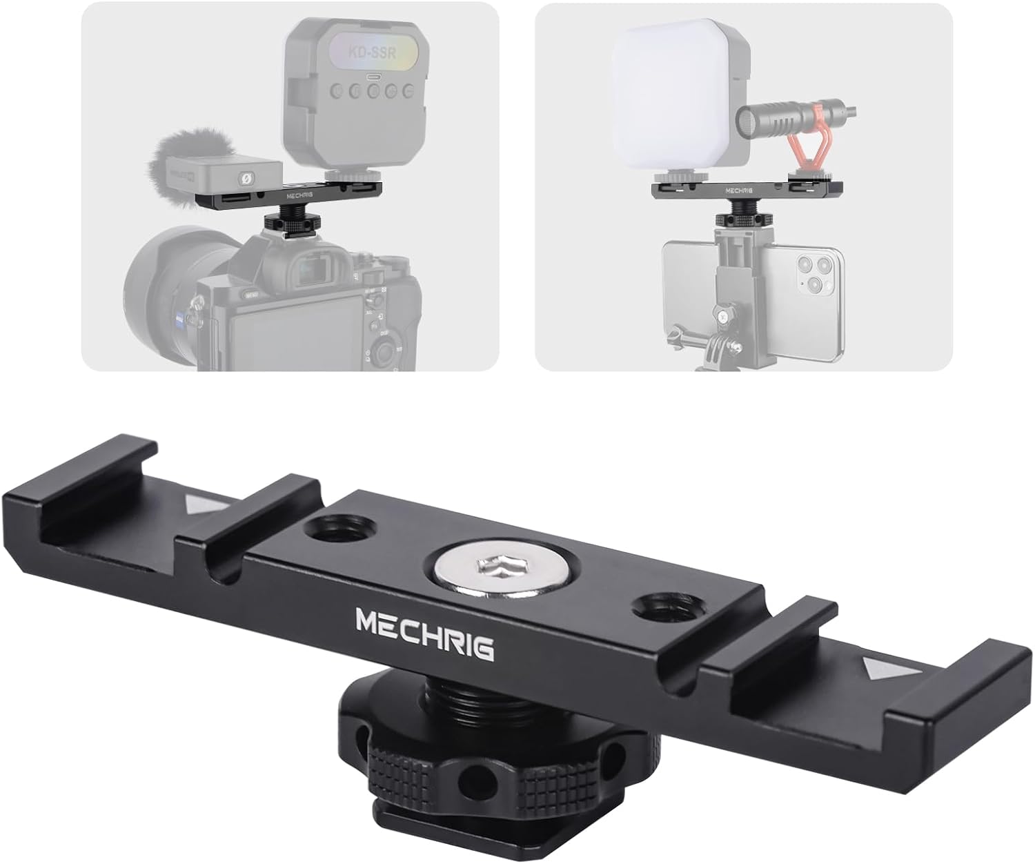 Dual Cold Shoe Extension Bar Mount, Aluminum Dual Hot Shoe Mount Bracket with 1/4" Thread & Cable Slot, Cold Shoe Bracket for DSLR Camera LED Video Light Microphone Monitor (62034)