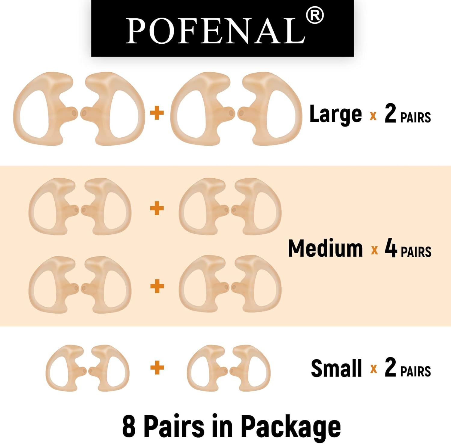 Silicone Replacement Earmold for Motorola/Baofeng/Retavis Radios - Police Walkie Talkie & Law Enforcement Soft Earpiece Inserts (8 Pair, Flesh - 2L/4M/2S)