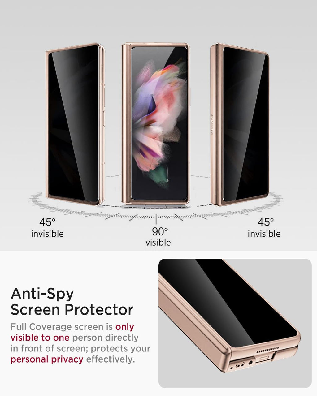 Miimall for Samsung Fold 3 Case with Privacy Screen Protector, Built-in Adjustable Kickstand & Magnetic Hinge & Camera Lens Protective All-Inclusive Phone Case for Galaxy Z Fold3 5G Champagne Gold