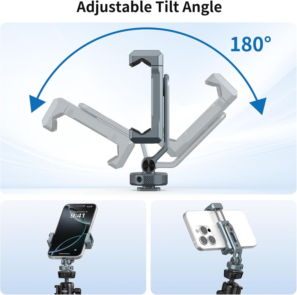 VRIG PH-18 Metal Phone Tripod Mount with Cold Shoe & 1/4"-20 Screw Holes, 360° Rotation Horizontal & Vertical Shooting, Adjustable Angle Smartphone Holder Tripod Adapter for iPhone, for Samsung