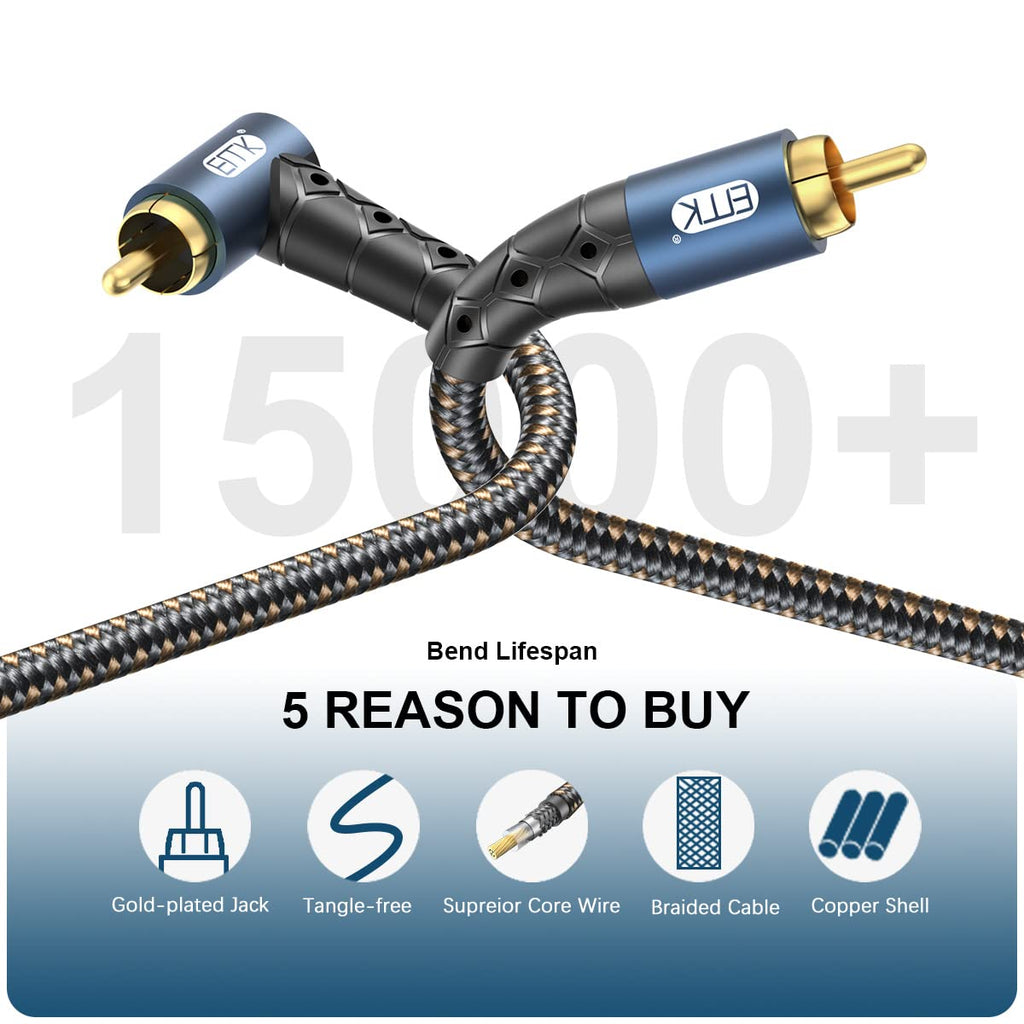 EMK RCA Subwoofer Cable 90 Degree RCA to RCA Audio Cable 24K Gold-Plated Nylon Braided Double Shielded Digital Analogue Supports Amplifiers,Home Theater,Hi-Fi Systems,Subwoofer(15ft/5m)
