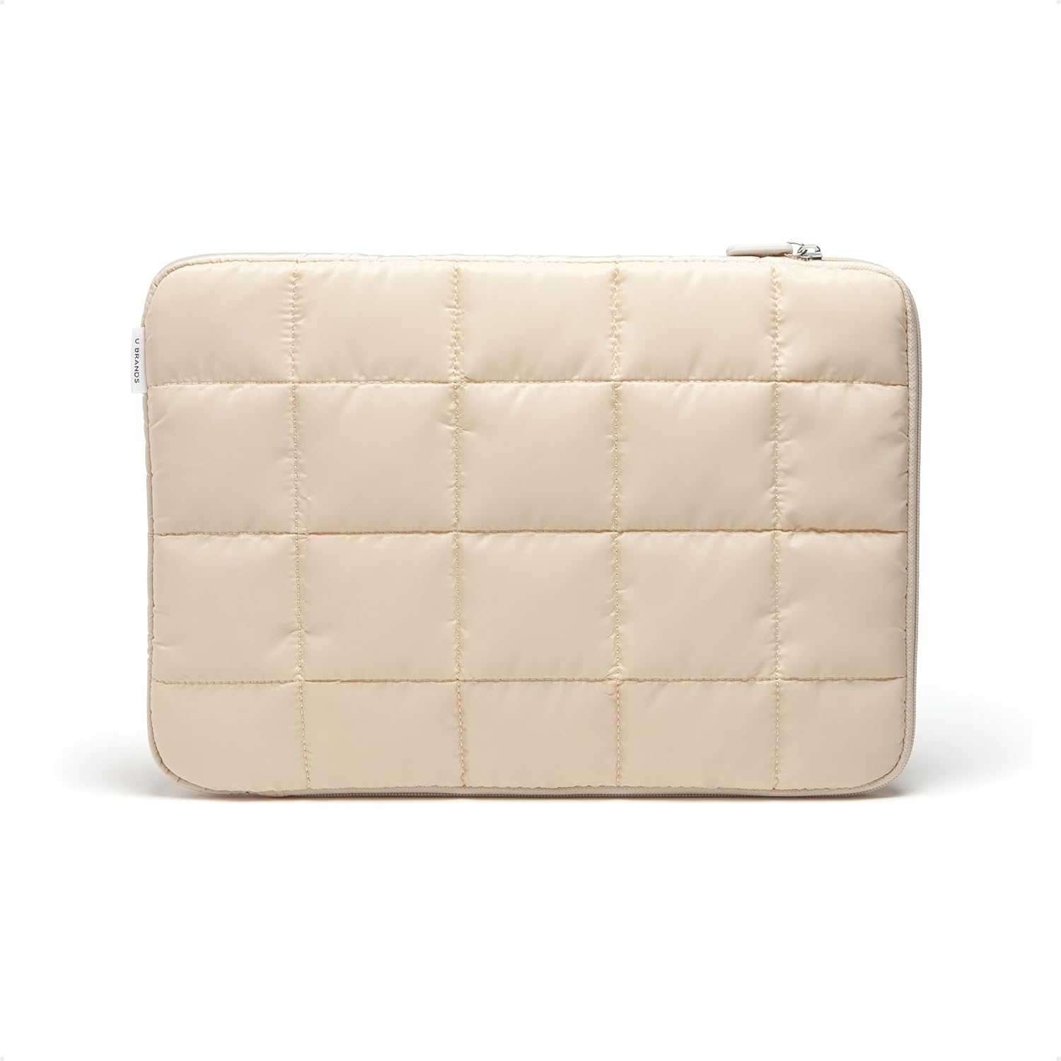U Brands Nylon Puffer Large Laptop Case, 10.5" x 15", Computer Bag for MacBook Pro, MacBook Air, Chromebook, HP, Laptop Bag for Women, Sand Beige