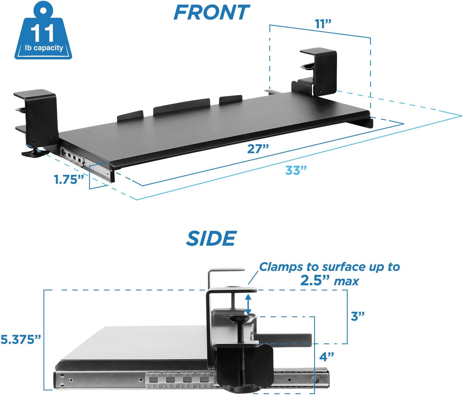 Mount-It! Clamp Keyboard Tray - Ergonomic Under Desk Pull Out Keyboard and Mouse Platform with No-Drill Easy Installation - Slides Under Desk Increase Space - 27 Inch Wide