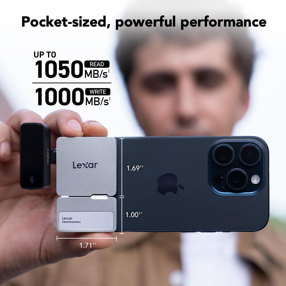 Lexar 1TB Professional Go Portable SSD w/Hub, Supports Apple 4K 60fps ProRes, Up to 1050MB/s, USB 3.2 Gen 2, Rugged, IP65, Ultracompact, Compatible w/iPhone 15/16, External SSD (LSL400S001T-RNSNU)