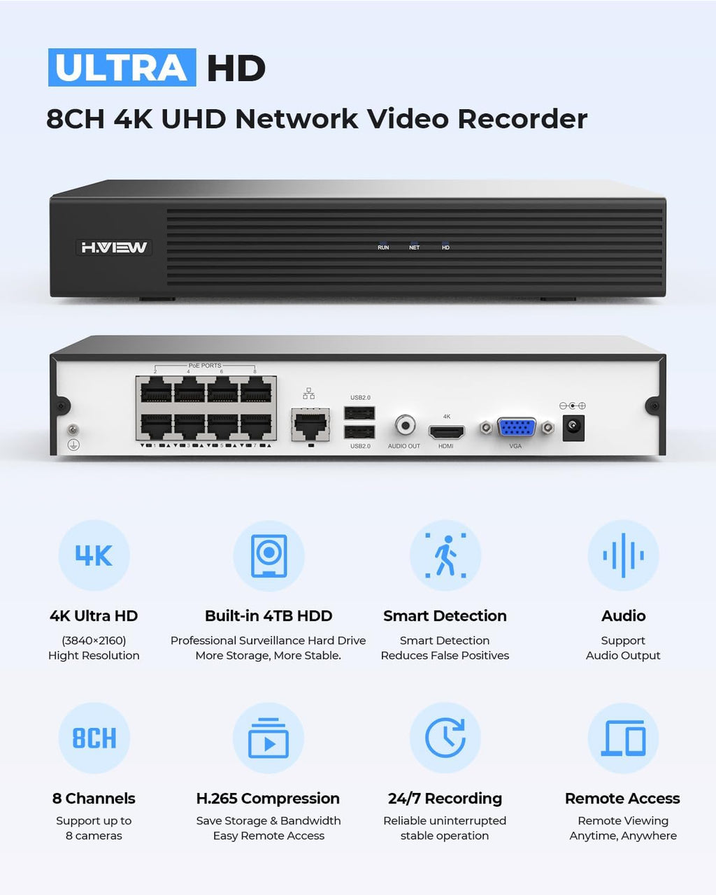 H.VIEW 4K/8.0 Megapixel PoE Outdoor Home Security Camera System Wired Outdoor Video Surveillance IP Cameras System，Ultra Wide-Angle &Audio，8CH NVR 4TB HDD