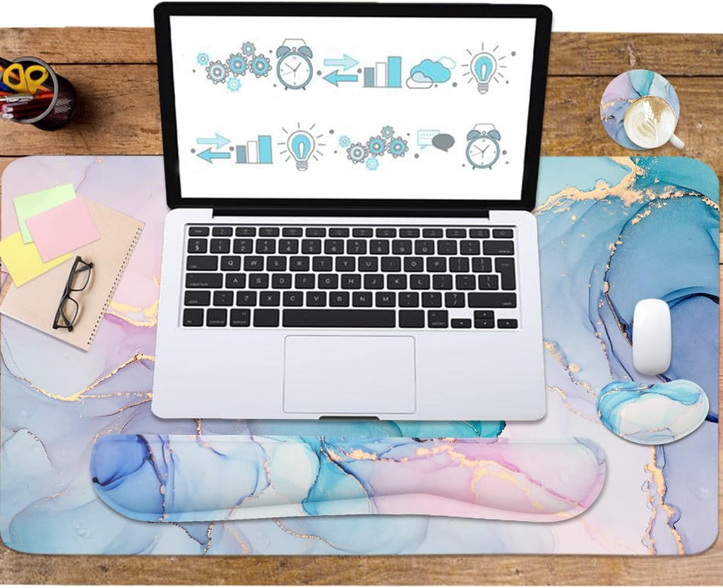 Ergonomic Large Mouse Pad and Keyboard Wrist Rest, Desk Pad for Keyboard and Mouse, 4-in-1 Large Gaming Mouse Pad with Wrist Support - Blue Marble