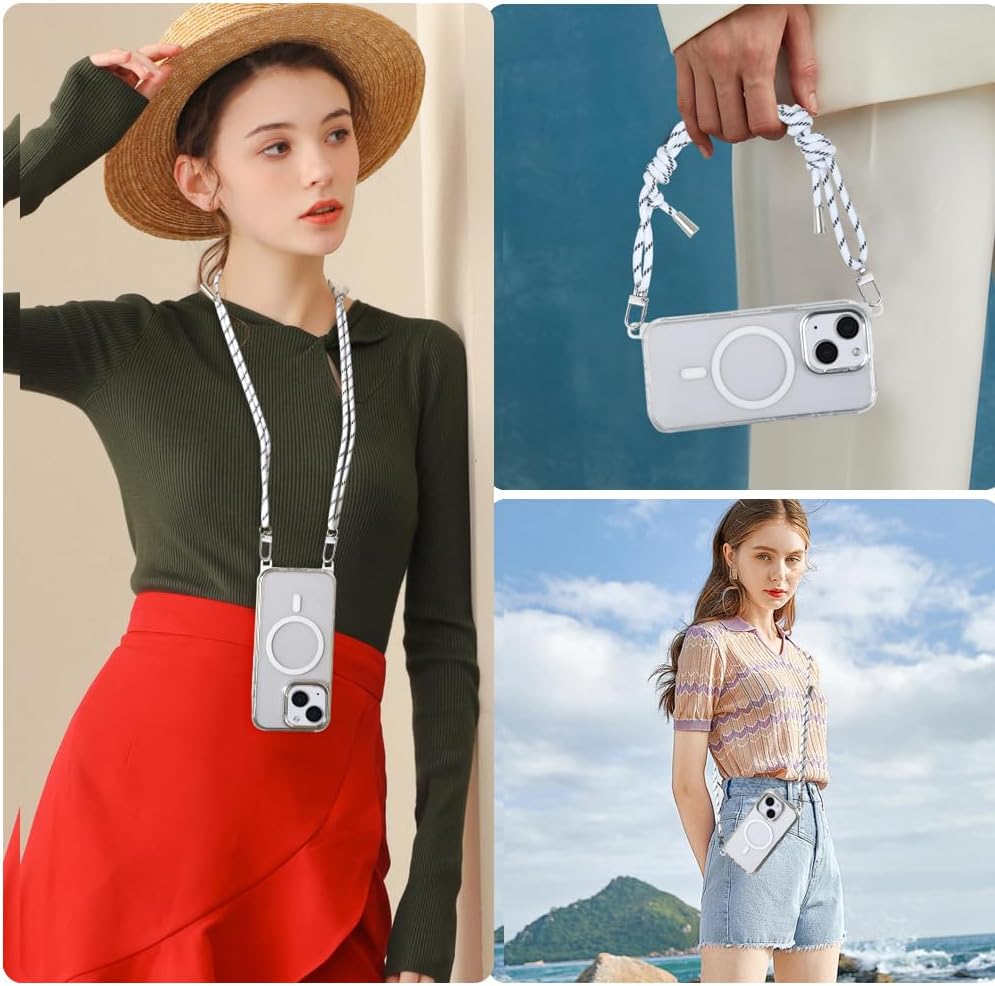 for iPhone 13/14 Case with 62.99 inch Lanyard, Classic Clear&White Magnetic Phone Case, Drop&Shockproof Protection Cases, Phone Lanyard for Around The Neck, Compatible with Magnet Accessory