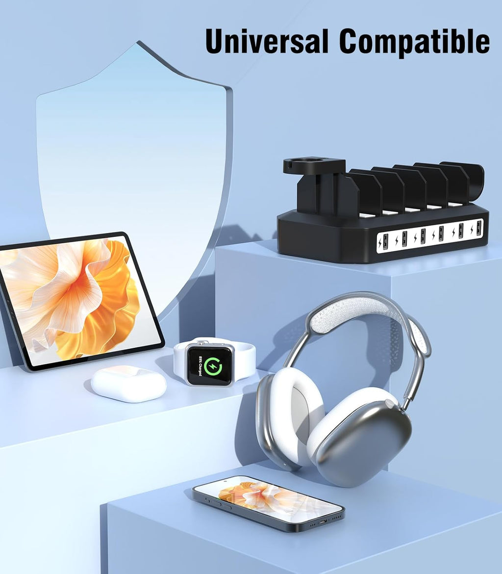 [2025 Upgraded] 6 IN 1 Fast Charging Station for Multiple Device【Durable & Safe Charging】6 Ports Charging Dock Organizer with 6 Cables & 2 Stands for Cellphone/Tablet/Kindle/iWatch & Other Electronic