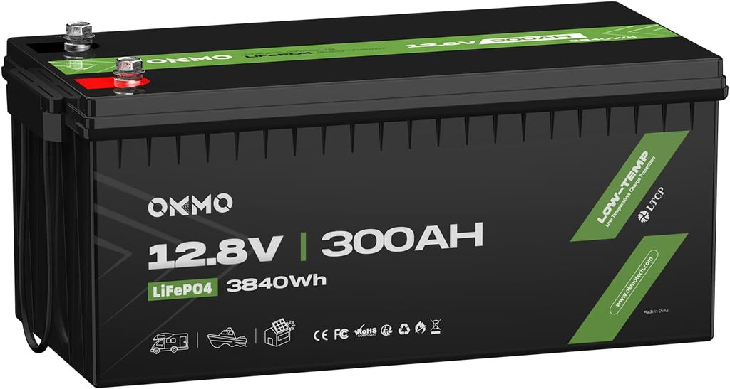 OKMO 12V 300Ah LiFePO4 Lithium Battery 3840Wh Rechargeable Lithium Battery with BMS 10 Years Lifetime 15000+ Deep Cycles,for Solar systerm,RV,Camping,Battery Backup,Marine and Home Energy Storage