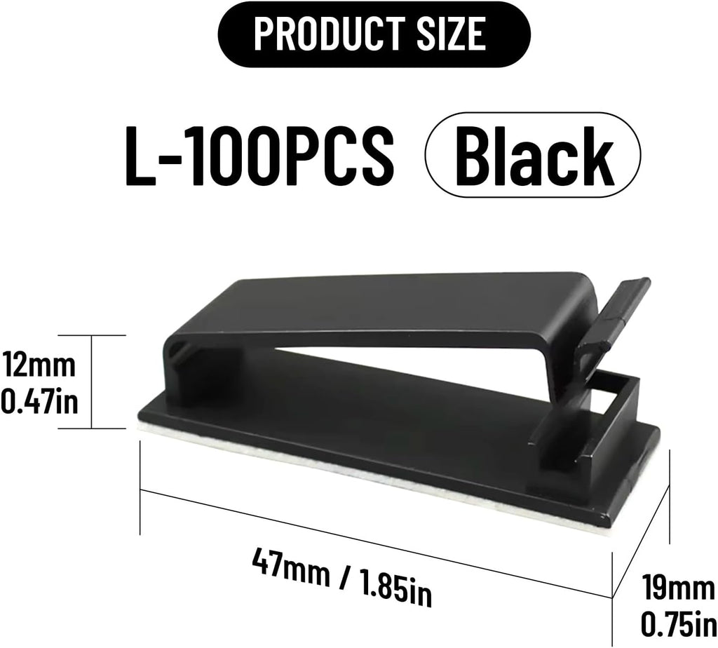 Adhesive Cable Clips Holder, Outdoor Light Clips, Black Cord Wire Clips, Sturdy Nylon Cord Wall Finisher Wire Clamp for Home, Car, Office Desk Wire Management (Black, L-100 PCS)