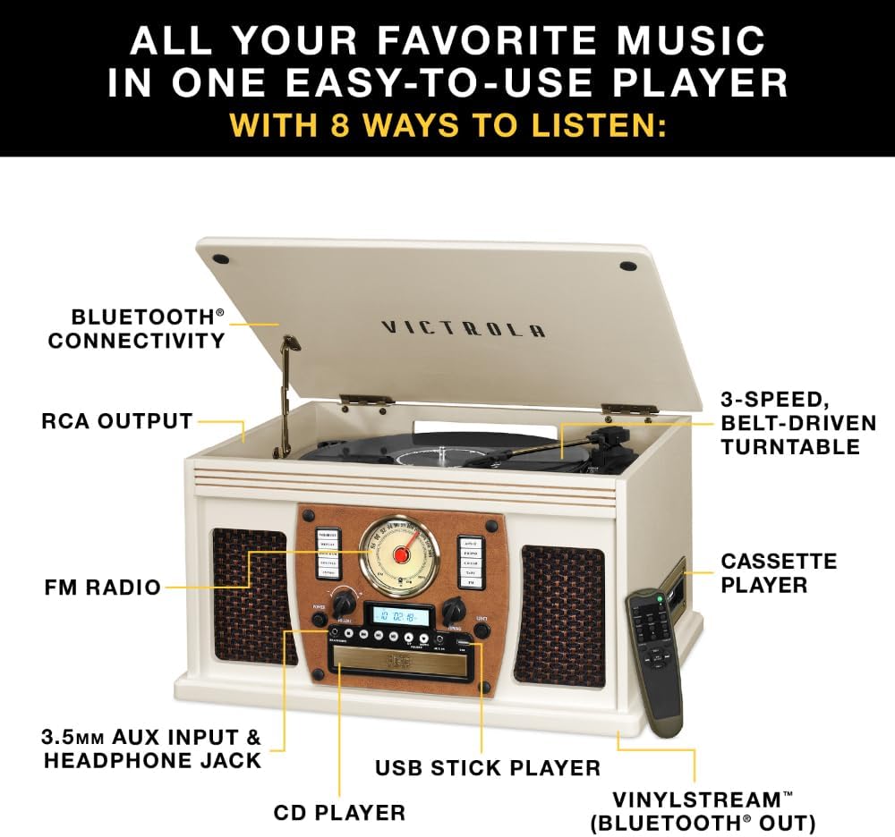 Victrola Navigator 8-in-1 Bluetooth Record Player with Built-in Speakers– 3 Speed Turntable, CD Player, Cassette, FM Radio, USB, RCA Out, Headphone Jack, Wireless Music Streaming, Real Wood (Espresso)