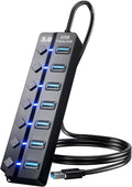USB 3.0 Hub, PANPEO 7-Port USB Data Hub Splitter with 3ft Long Cable USB Extension for Laptop,PC Computer,Surface Pro, PS4/5, Flash Drive, Mobile HDD - with LED Individual On/Off