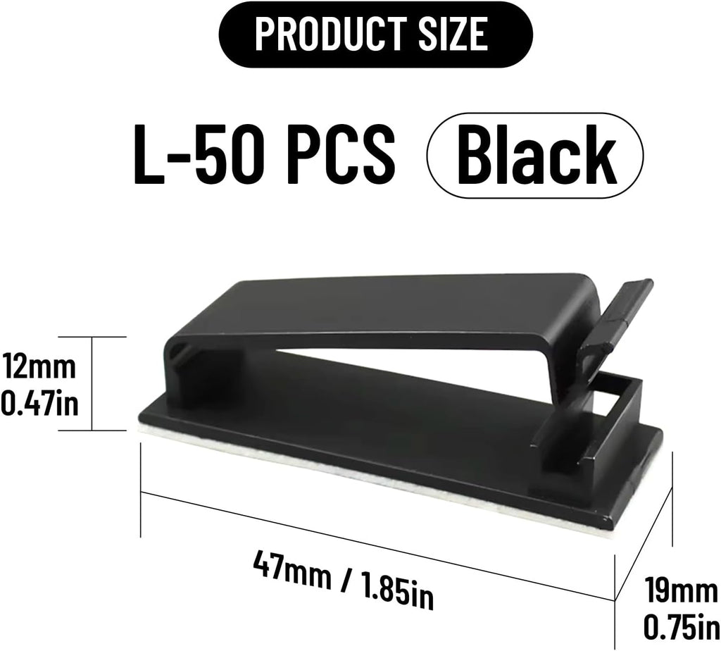 Adhesive Cable Clips Holder, Outdoor Light Clips, Black Cord Wire Clips, Sturdy Nylon Cord Wall Finisher Wire Clamp for Home, Car, Office Desk Wire Management (Black, L-50 PCS)