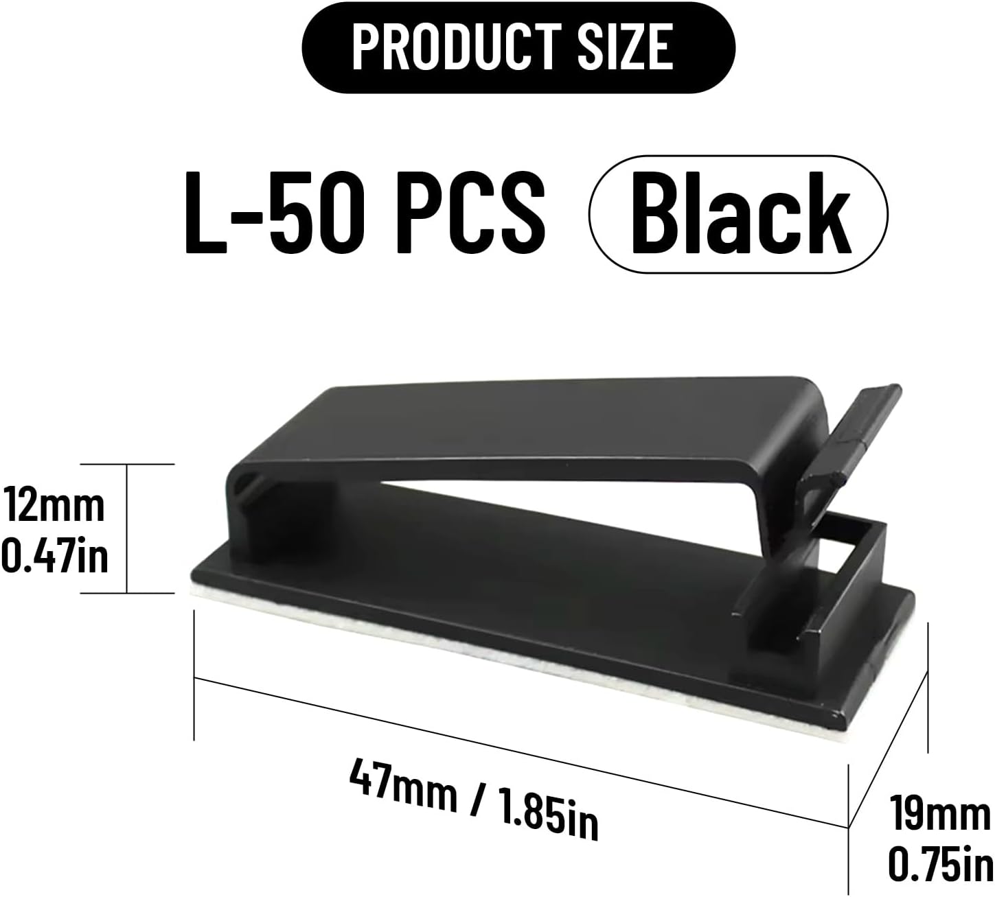Adhesive Cable Clips Holder, Outdoor Light Clips, Black Cord Wire Clips, Sturdy Nylon Cord Wall Finisher Wire Clamp for Home, Car, Office Desk Wire Management (Black, L-50 PCS)