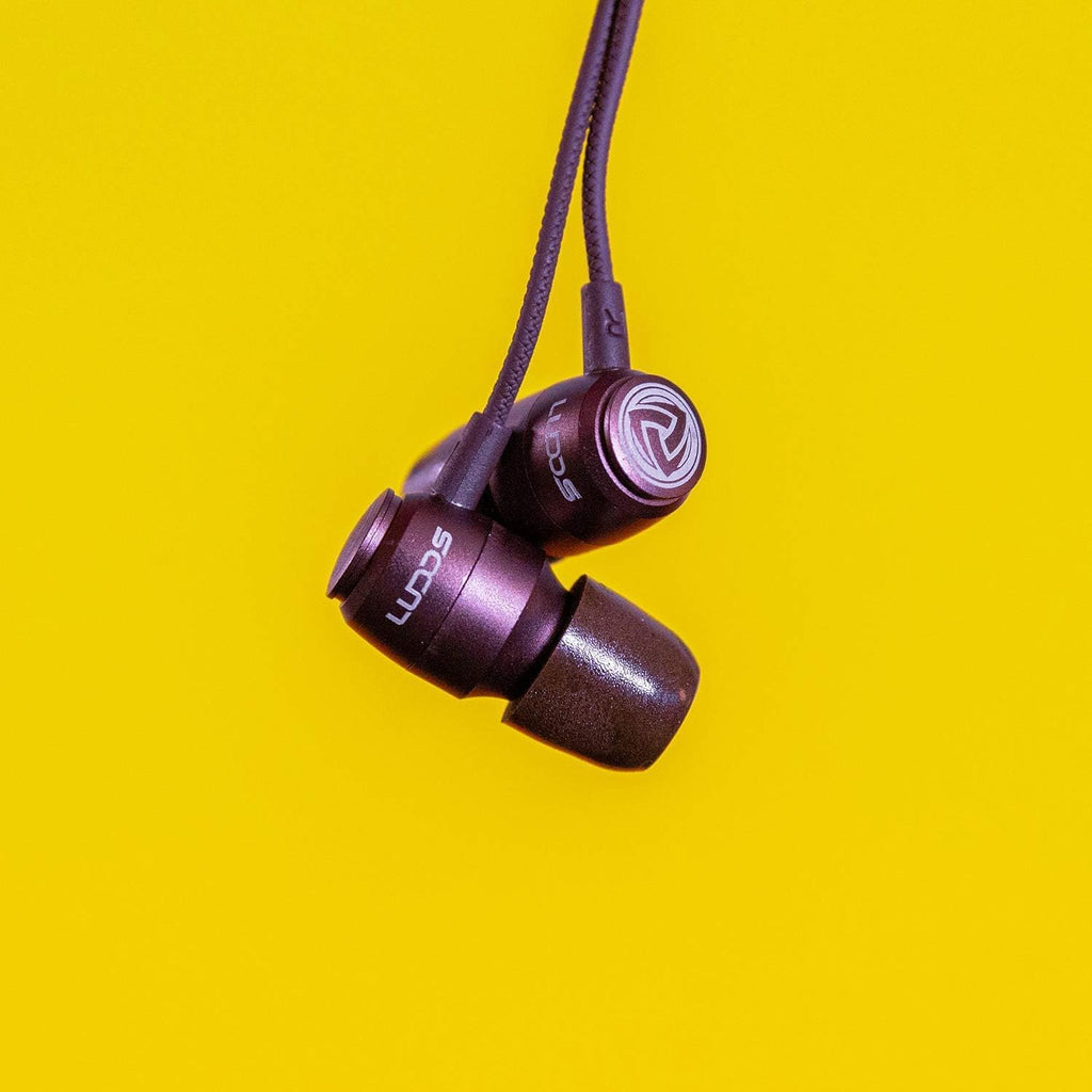 LUDOS Clamor Wired Earbuds in-Ear Headphones, 5 Years Warranty, Earphones with Microphone, Noise Isolating Ear Buds, Memory Foam for iPhone, Samsung, School Students, Kids, Women, Small Ears - Brown