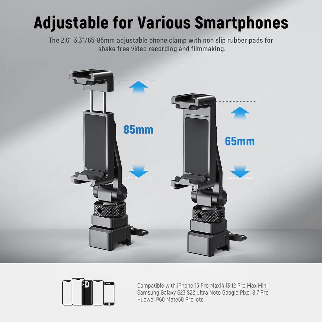 Neewer Metal Phone Tripod Mount with Cold Shoe Mount NATO Clamp Compatible with DJI RS4 RS3 Pro RS2 RSC2 Gimbal Stabilizer, 180° Tilt Phone Clip Holder Compatible with iPhone 15 Pro Camera Cage, GA010