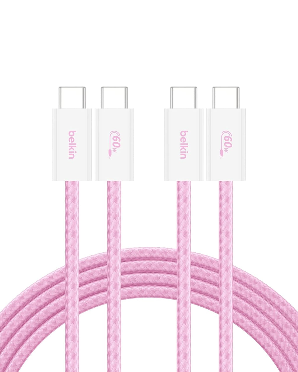 Belkin USB C to USB C Cable 2-Pack, 6.6ft, 60W - Type C Charger, iPhone Charger Cord, Soft, Braided, Flexible for iPhone 16, Galaxy S25, Pixel 9, Airpods, iPad Pro & More, Travel Essentials - Pink