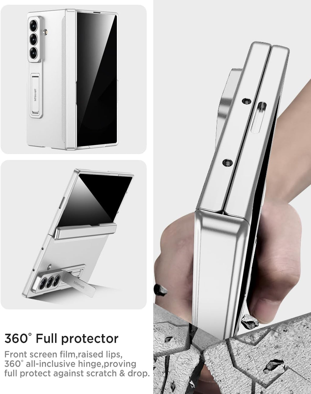 Miimall for Z Fold 7 Case with Privacy Screen Protector, [Military Grade Drop Protection] Built-in Adjustable Kickstand & Magnetic Hinge Protection Shockproof Phone Case for Galaxy Z Fold 7 5G Silver