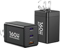 [2 Pack] USB C Charger Block 160W, 3-Port GaN Super Fast Charger, Dual 65W Type C Charging Block, Foldable QC3.0 Laptop Fast Charging Adapter for MacBook, iPhone, Samsung, Galaxy, iPad, Android, Black