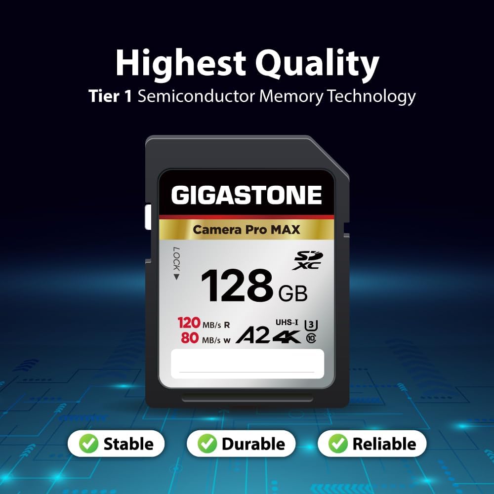 [5-Yrs Free Data Recovery] GIGASTONE 128GB SD Card, 4K Camera Pro MAX, A2 4K SDXC Memory Card High Speed 4K UHD Video Compatible with Canon Kodak Digital Camera, with 1 Mini case