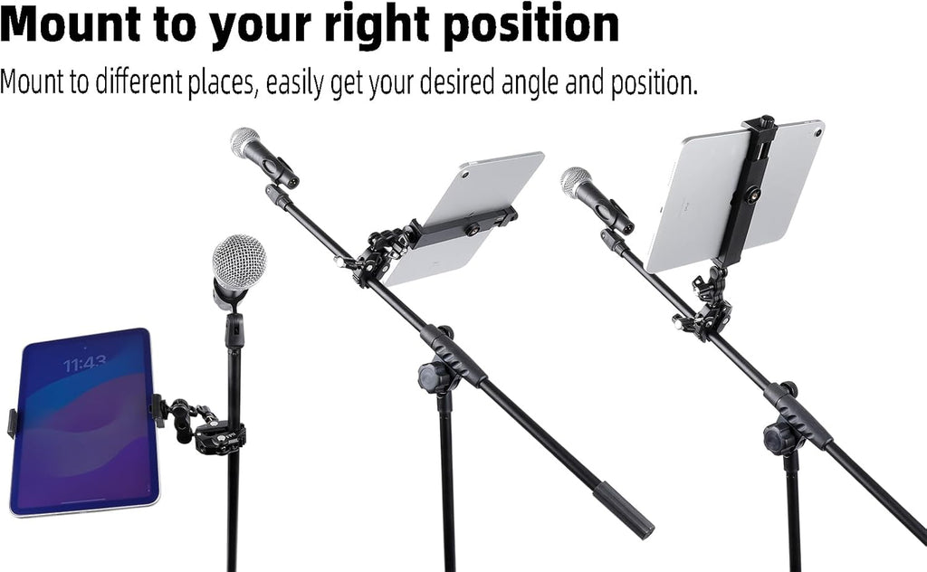 Aluminium Tablet Holder Mount for Spin Bike, iPad Mount Handlebar Clamp for Stroller, Golf Cart, Wheelchair, Scooter, Spin Bike, Music Mic Stand, Compatible with 6.5-12.9" Tablets