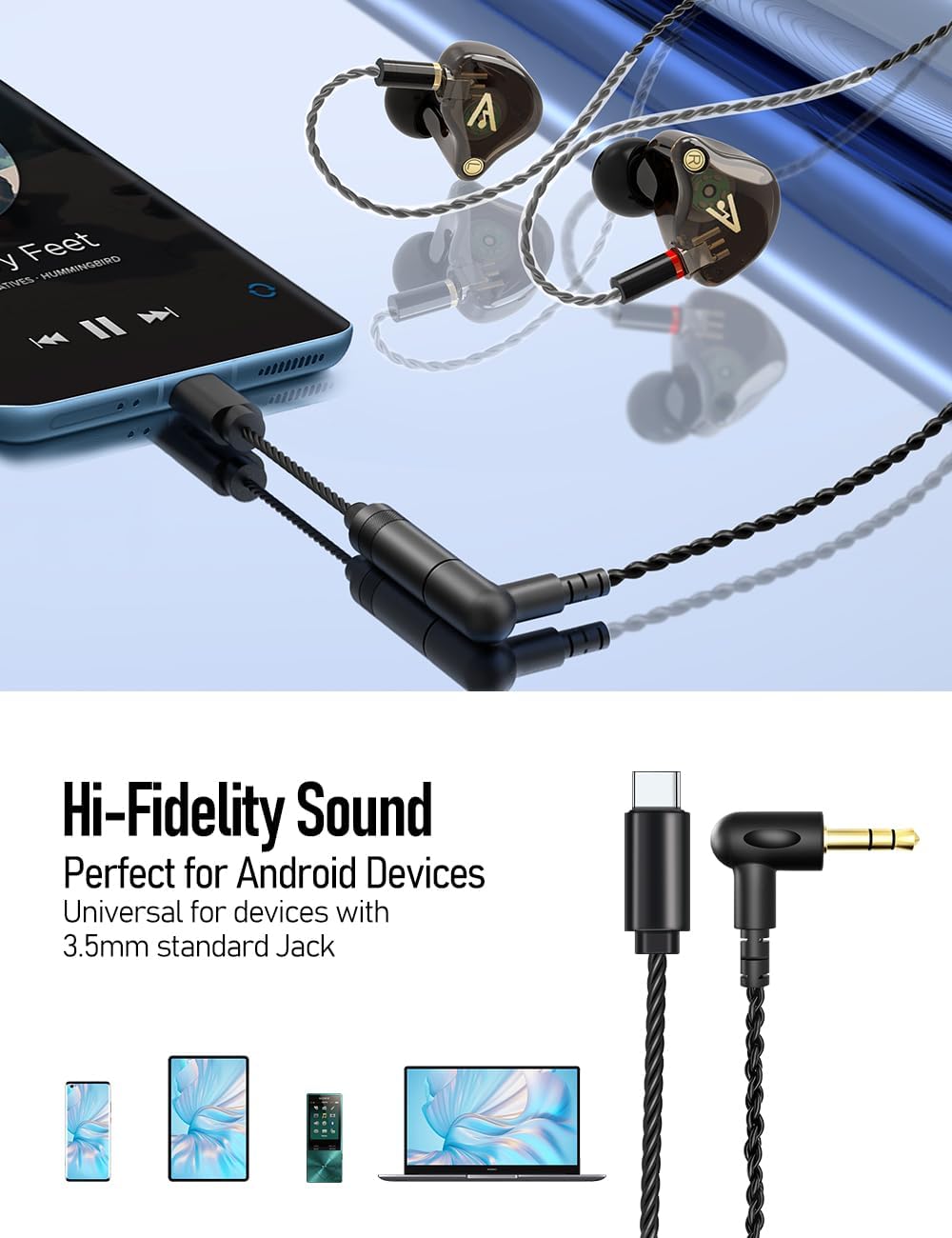 Vibes 201C Wired Earbuds in-Ear Headphones, USB C to 3.5mm Adapter & Braided Cord, Noise Isolating Bass Driven Earphones, Carry Case, Ear Buds Tips, 3.5mm Jack (Clear Brown, No Mic)
