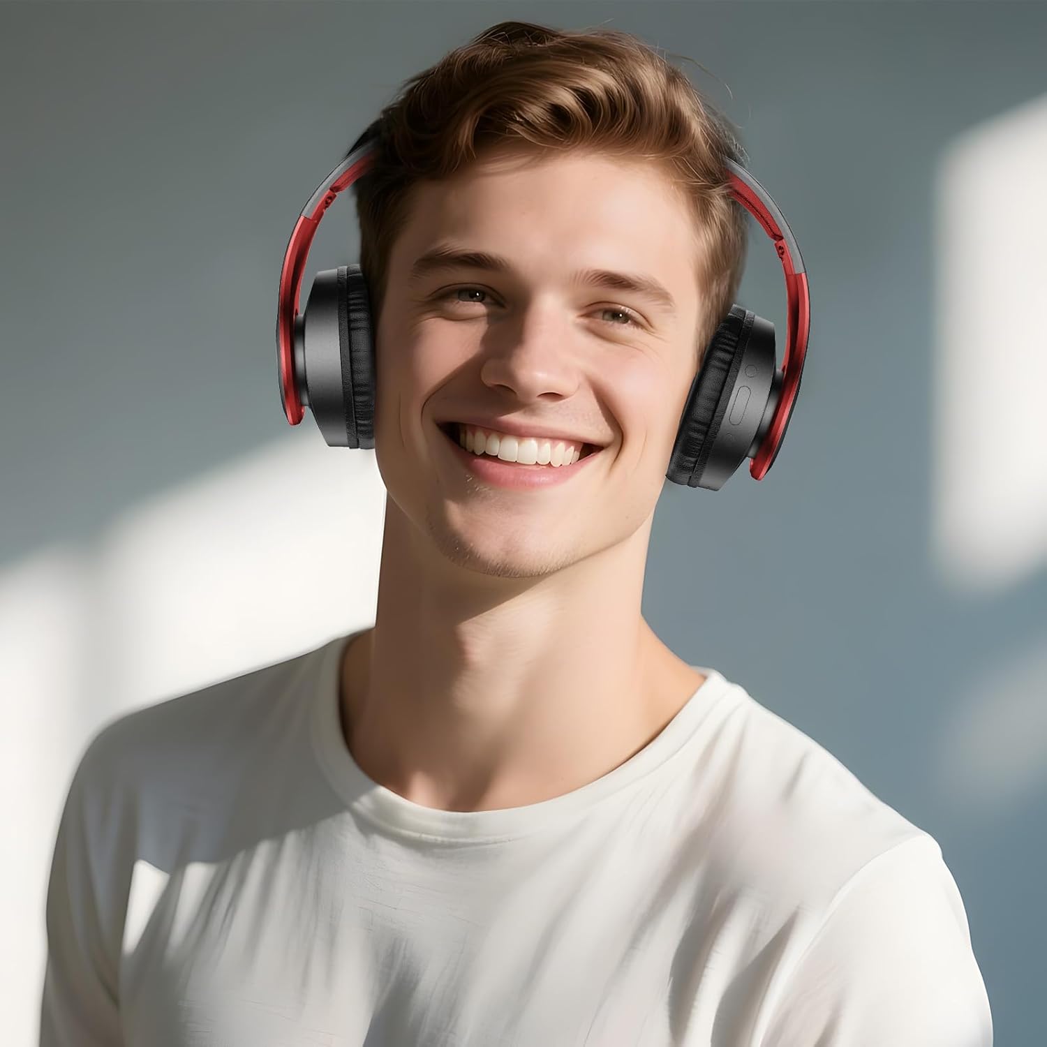 TUINYO Bluetooth Headphones, Over Ear Stereo Wireless Headset 40H Playtime with Deep Bass,Soft Memory-Protein Earmuffs,Built-in Mic Wired Mode PC/Cell Phones-Black red
