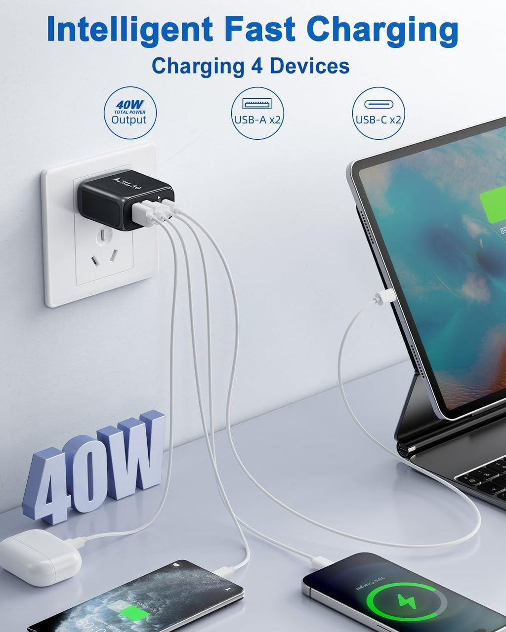 40W USB C Charger Block, 2 Pack 4-Ports Type C Fast Charging Cubes PD USBC Wall Plug+QC 3.0 USB A, Multiple USB C Charger for iPhone 16/15/14/13/12/11 Pro Max/XS, Samsung Galaxy, iPad, Tablet, Pixel