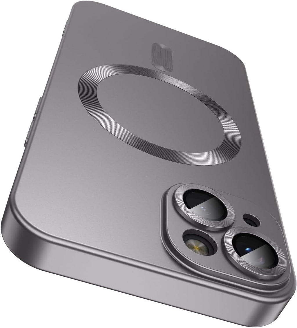 Magnetic for iPhone 15 Case [Compatible with MagSafe][Built-in Camera Lens Protector] Slim Soft Silicone Bumper Shockproof Metallic Shine Phone Case (Gray)