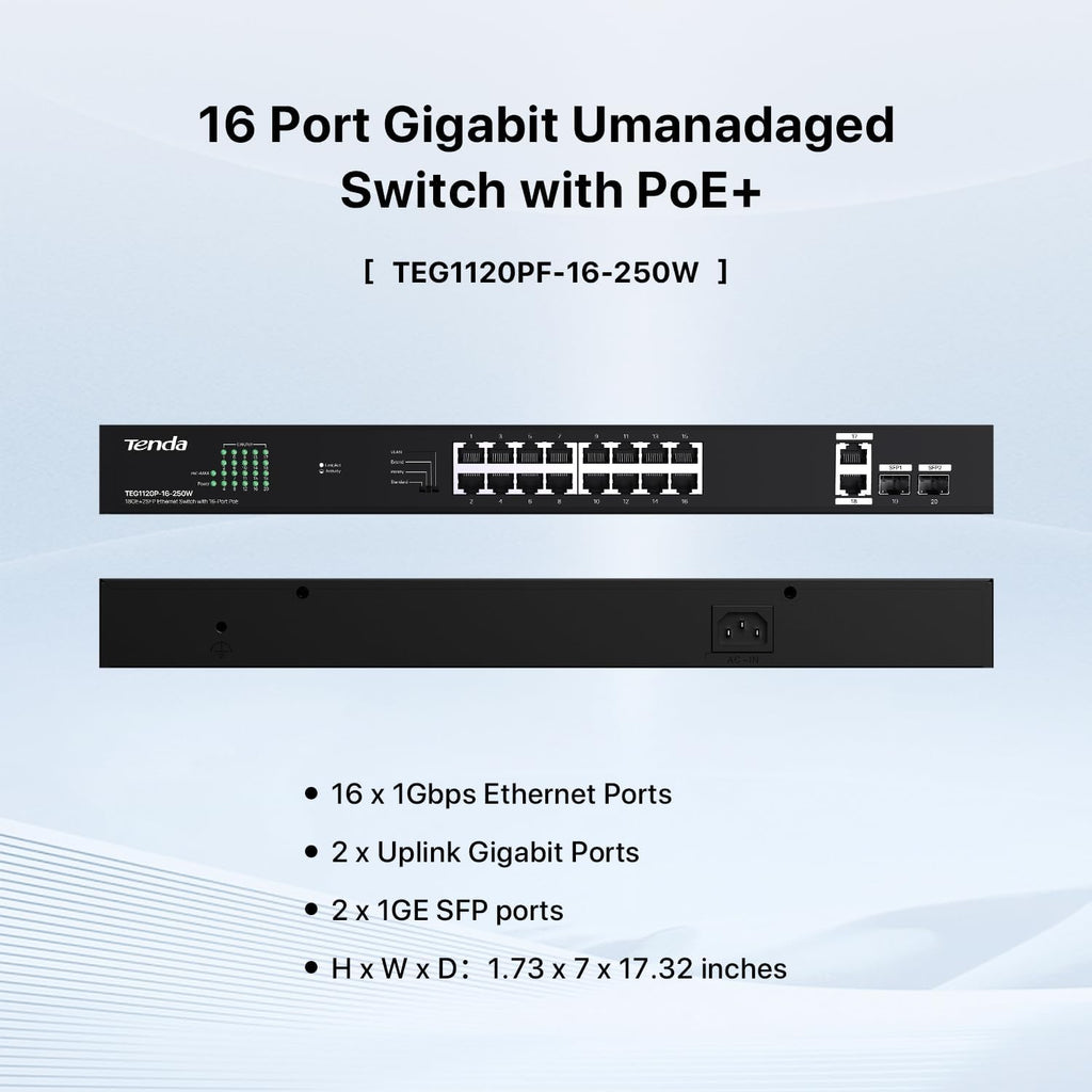 Tenda TEG1120P-16-250W, 16 Port Gigabit PoE Switch Compatible with IEEE 802.3af/at Devices, Rack Mountable, Unmanaged PoE+ Switch with 16 Port PoE+@230W & 2 RJ45 Ports & 2 SFP Slots