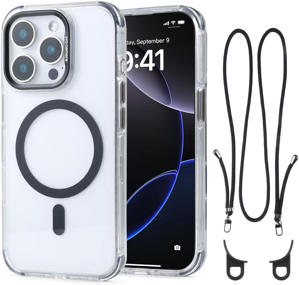 for iPhone 14 Pro Max Case with 62.99 inch Lanyard, Classic Clear&Black Magnetic Phone Case, Drop&Shockproof Protection Cases, Phone Holder Lanyard, Compatible with Magnet Accessory
