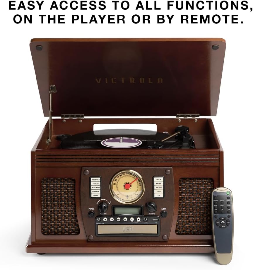 Victrola Navigator 8-in-1 Bluetooth Record Player with Built-in Speakers – 3 Speed Turntable, CD Player, Cassette, FM Radio, USB, RCA Out, Headphone Jack, Wireless Music Streaming, Real Wood (Black)