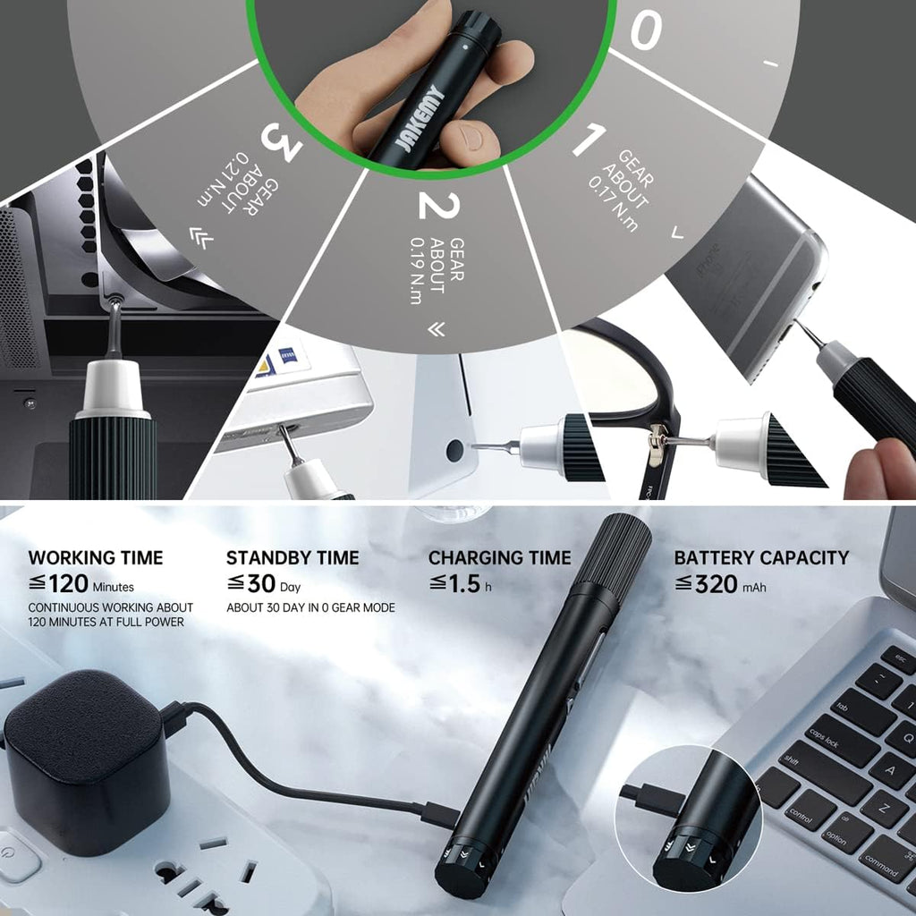 JAKEMY Cordless Electric Screwdriver,Upgraded 3 Gear Adjustable Torque Screwdriver kit Magnetic Precision Power with LED light USB Rechargeable Portable Laptop Repair Tool Kit, (JM-E21B)