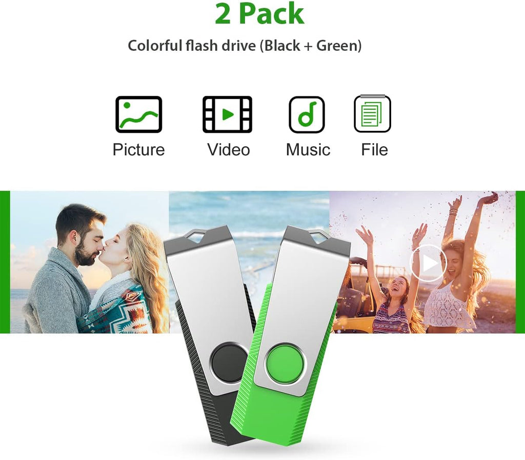 Aiibe 64GB Flash Drive 2 Pack 64GB USB Flash Drive Thumb Drive Zip Drive USB 2.0 Memory Stick USB Drive with Keychain (64G, 2 Colors: Black Green)