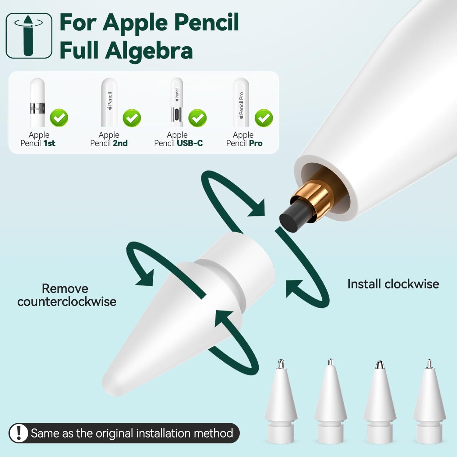 Inesore 4 Styles Replacement Tips for Apple Pencil Pro,Multiple Options Metal Durable Nibs Accessories for Apple Pencil Pro/2nd Generation/1st Gen/USB-C (4 Pack)