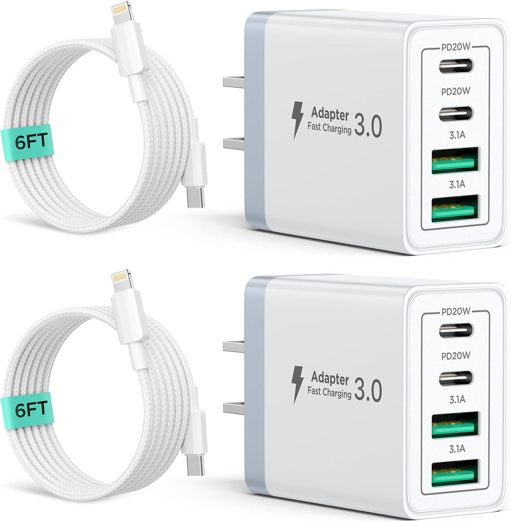 2 Pack USB C Wall Charger, 40W 4-Port USB C Fast Charger Block Dual Port QC+PD 3.0 Power Adapter, Multiport Type C Brick Charger with Lightning Cable for iPhone 14 13 12 11 Pro Max XS XR X 8 7 6 Plus